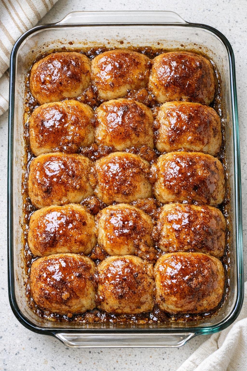 Finished baked pull-apart cinnamon roll dessert in casserole dish