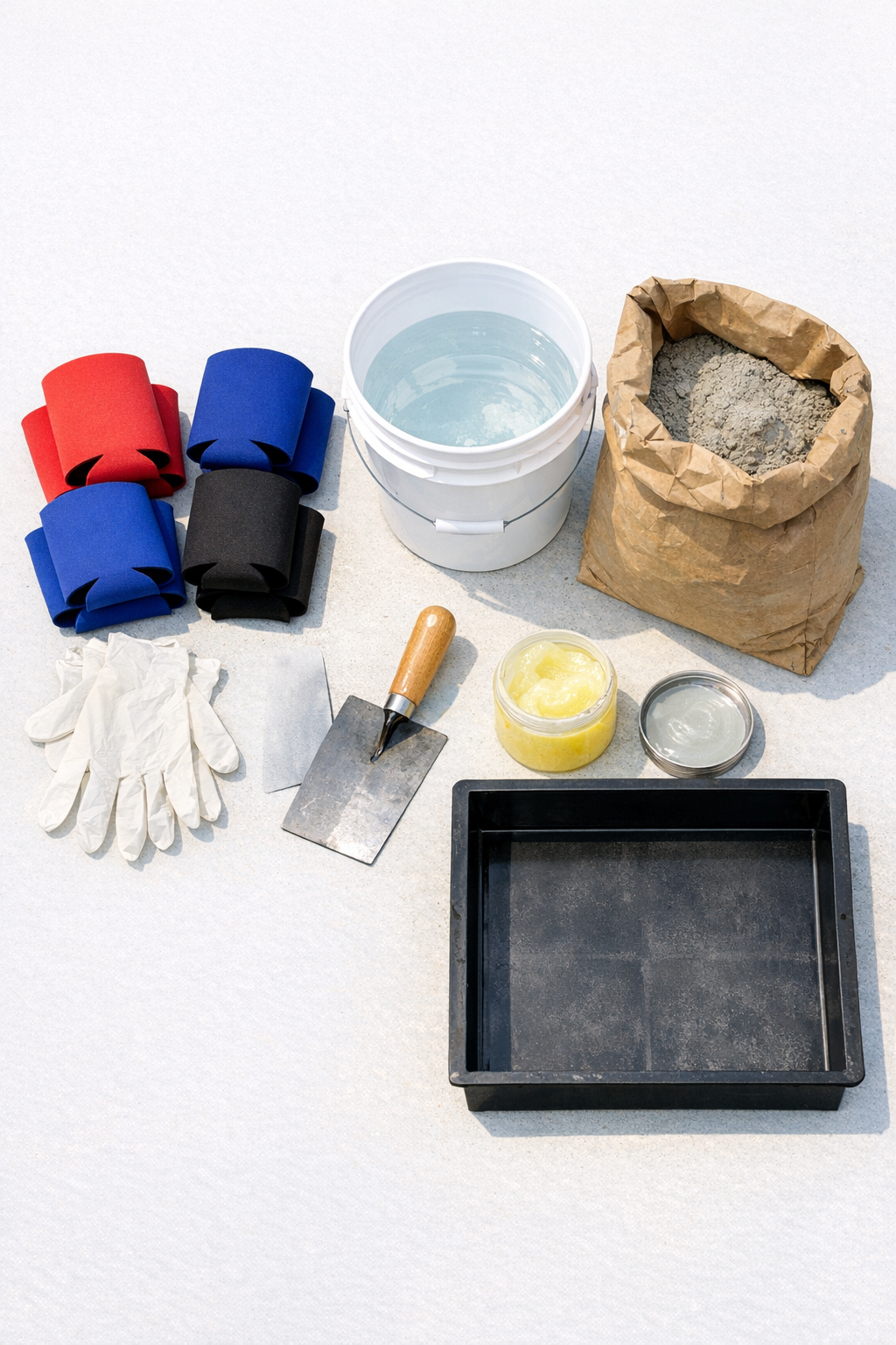 Materials for making textured patio blocks laid out on a work surface