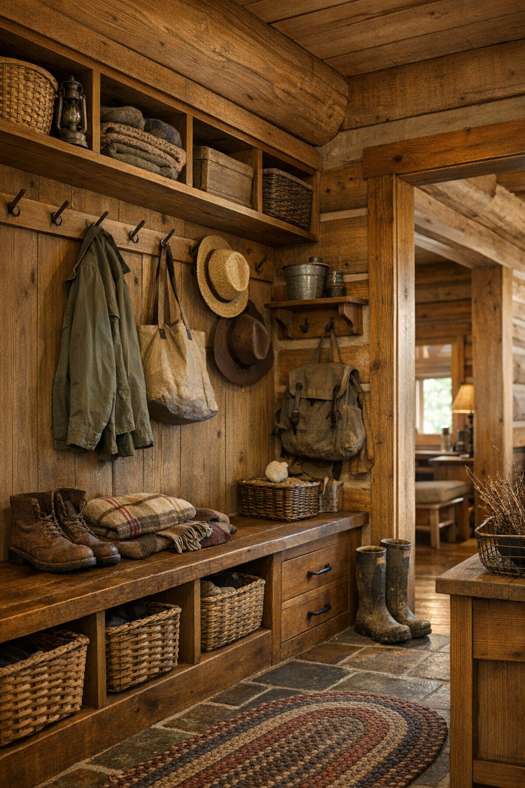 Thoughtful mudroom and hallway with built-in bench, pegs, and handcrafted wood storage