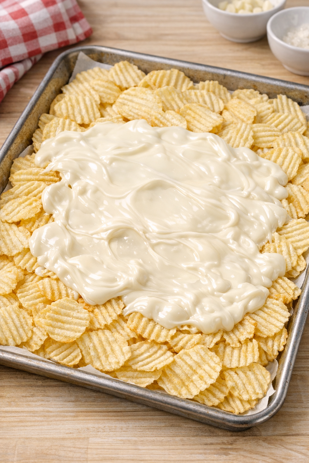 Softened white chocolate on warm potato chips