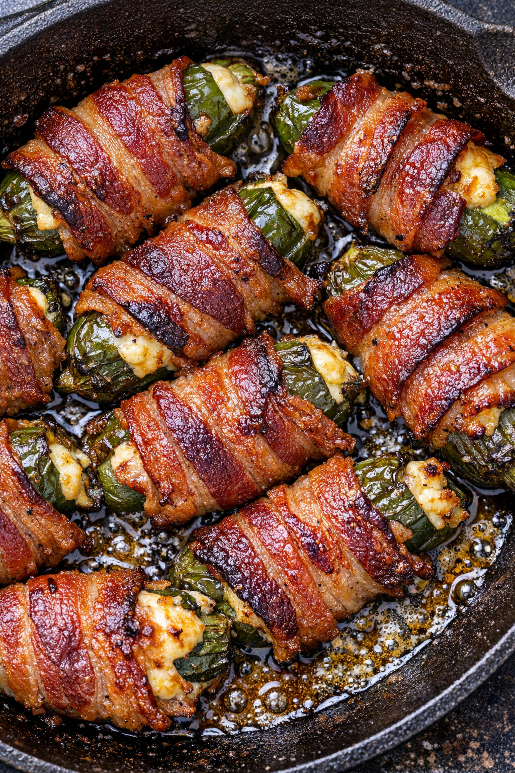 Southern 3-ingredient bacon wrapped jalapenos in a cast iron skillet