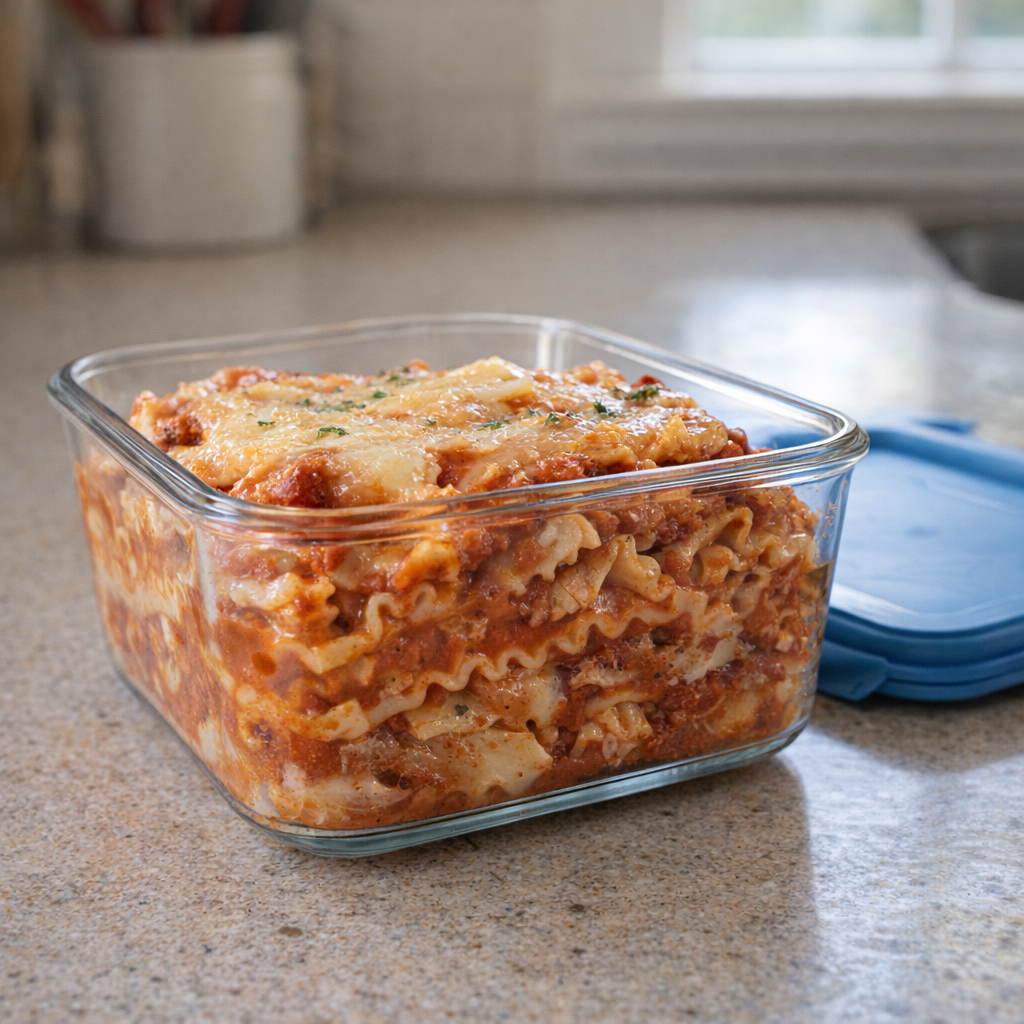 Leftover lasagna portion stored in a container