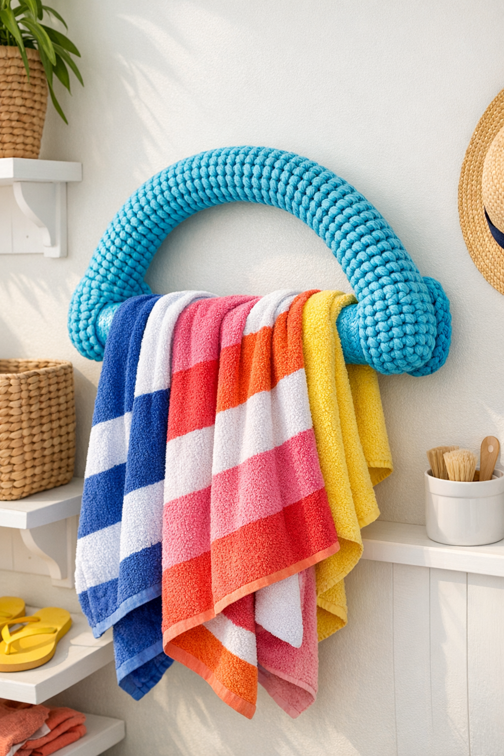 Finished crocheted pool noodle beach towel holder mounted on a wall