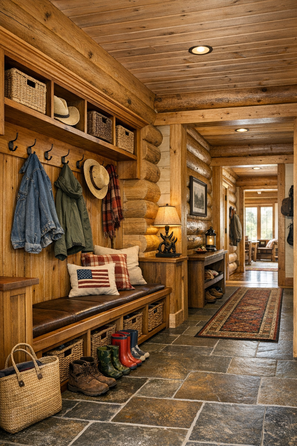 Functional mudroom and hallway with built-in storage in a log home