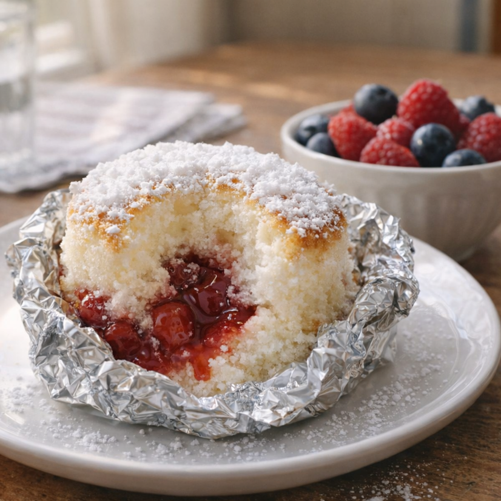 Warm angel food cake packet opened with berries on the side