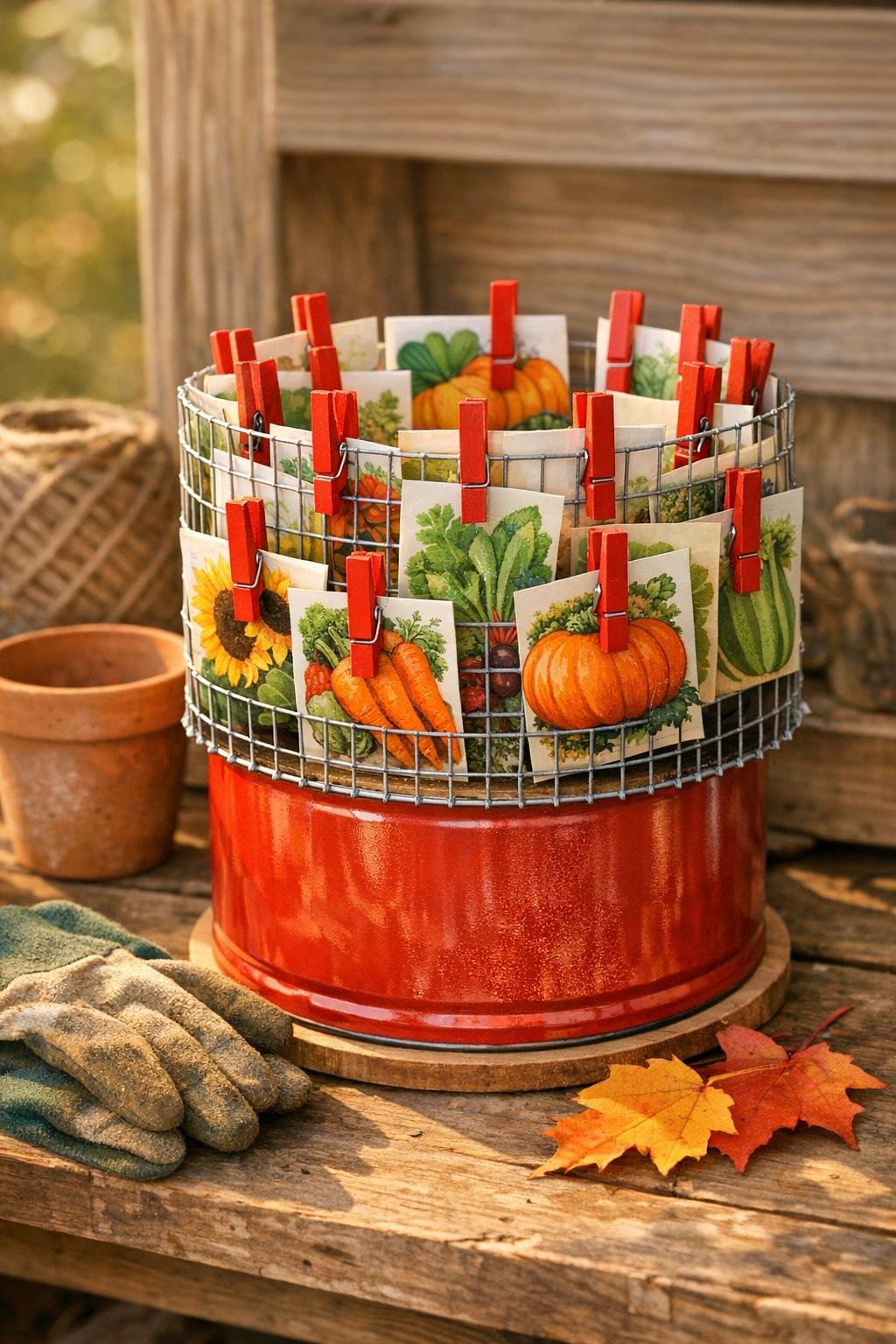 Finished fall garden seed envelope organizer made from a metal coffee can on a potting bench