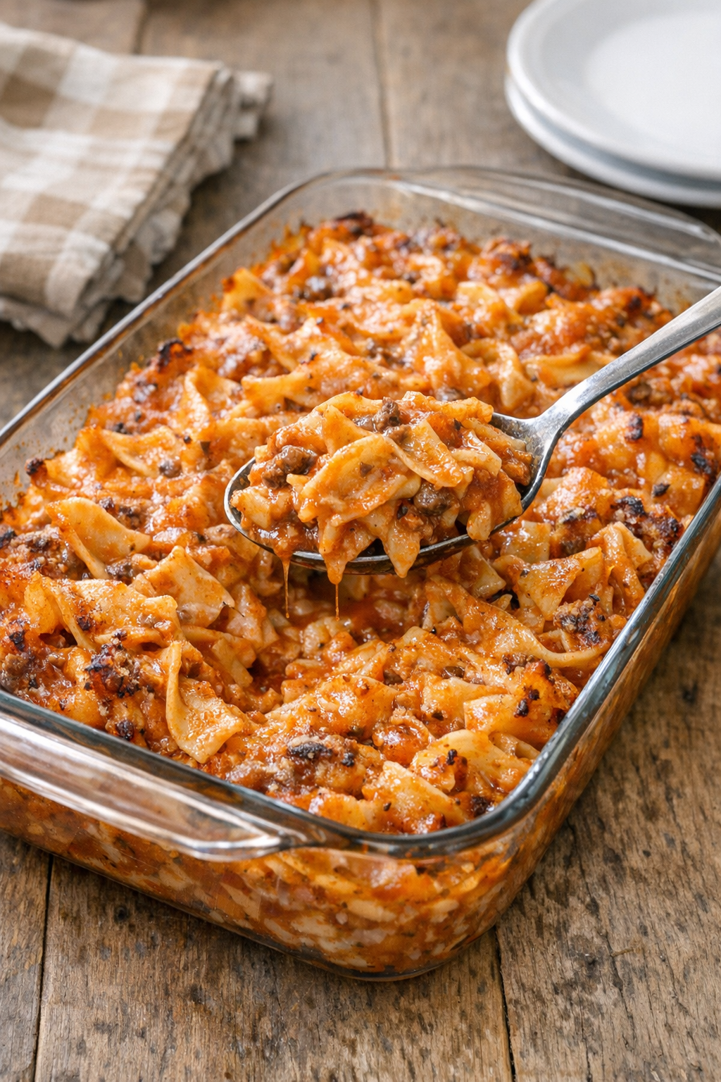 Finished baked Catalina noodle casserole in a baking dish