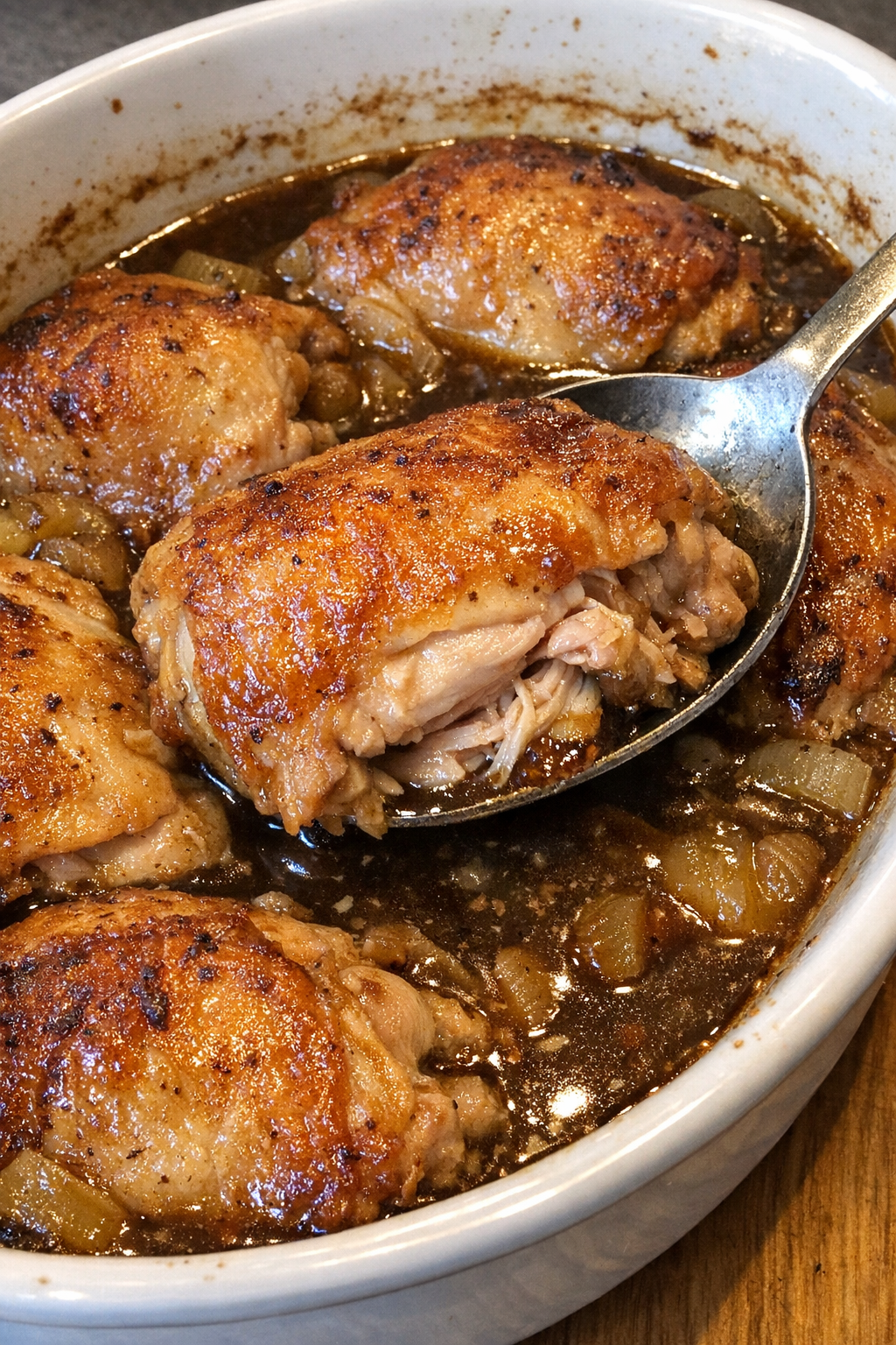 Golden brown chicken in dark gravy in a white casserole dish