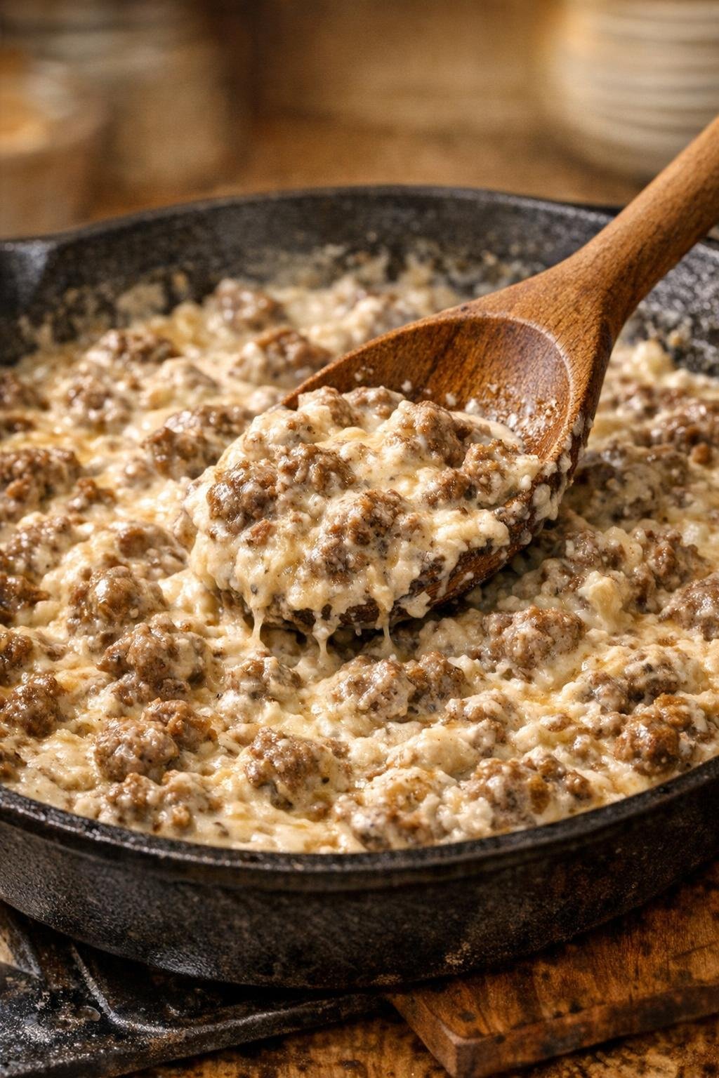 Creamy beef mixture in skillet