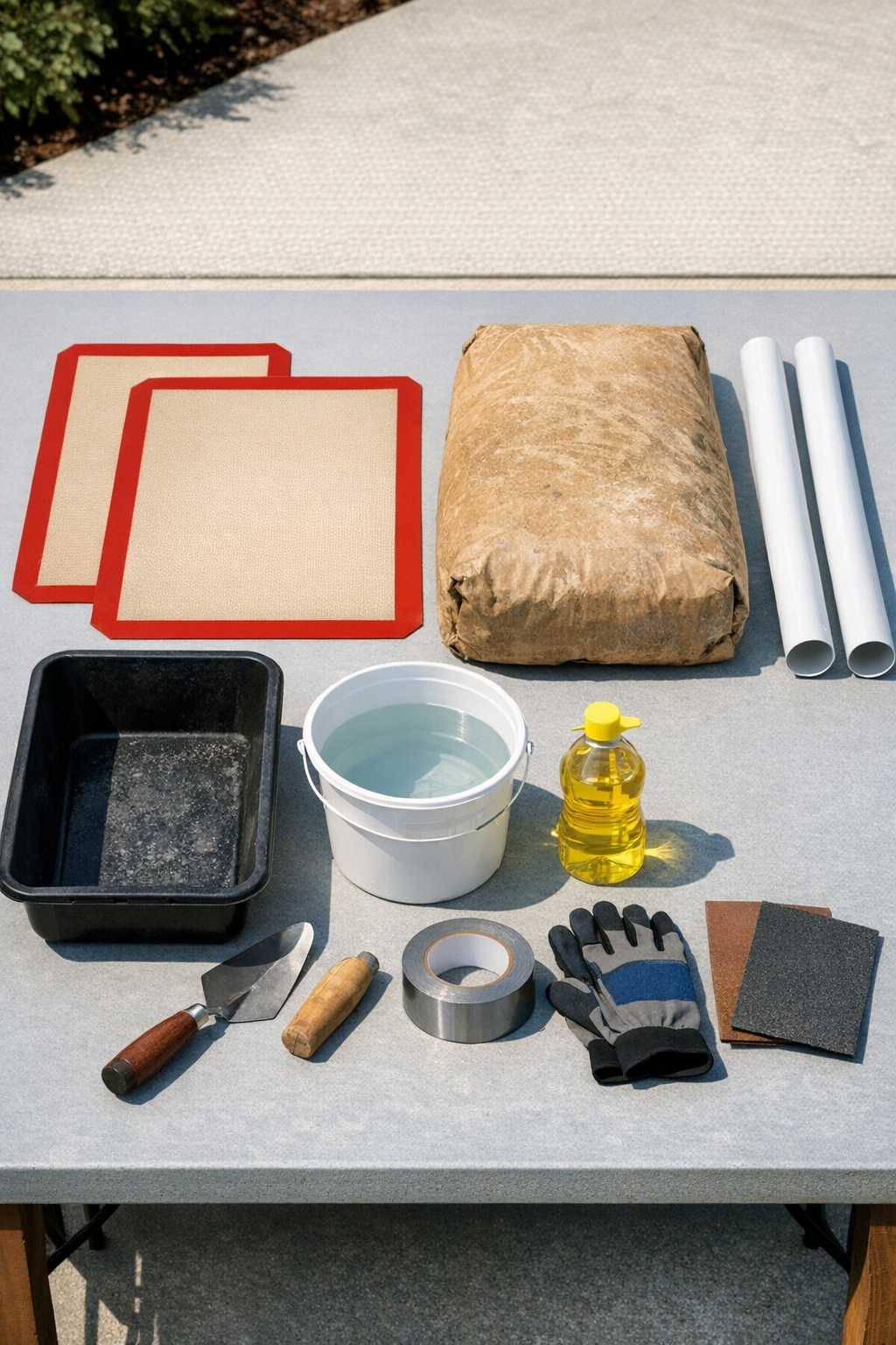 Materials for making cement yard border logs laid out on a work surface