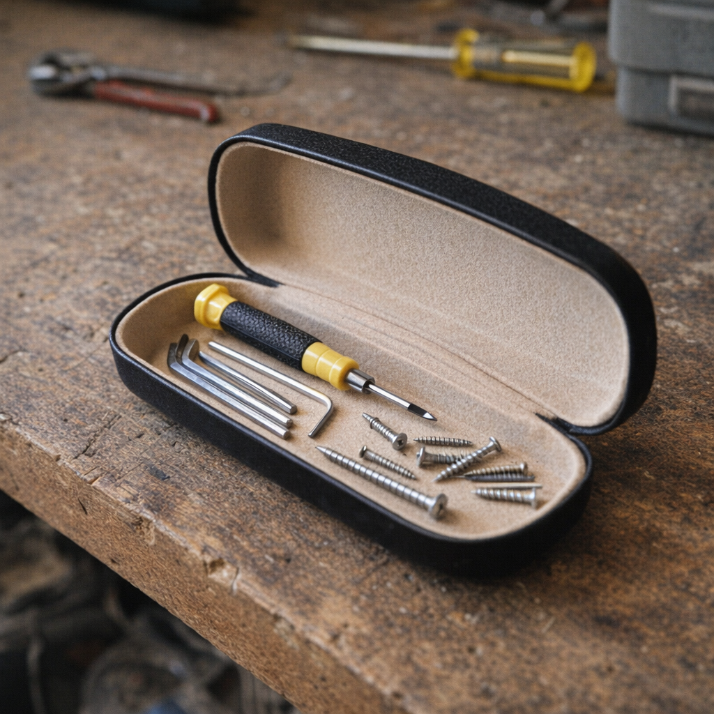 Een brillenkoker voor het opbergen van klein gereedschap en andere kleine accessoires.