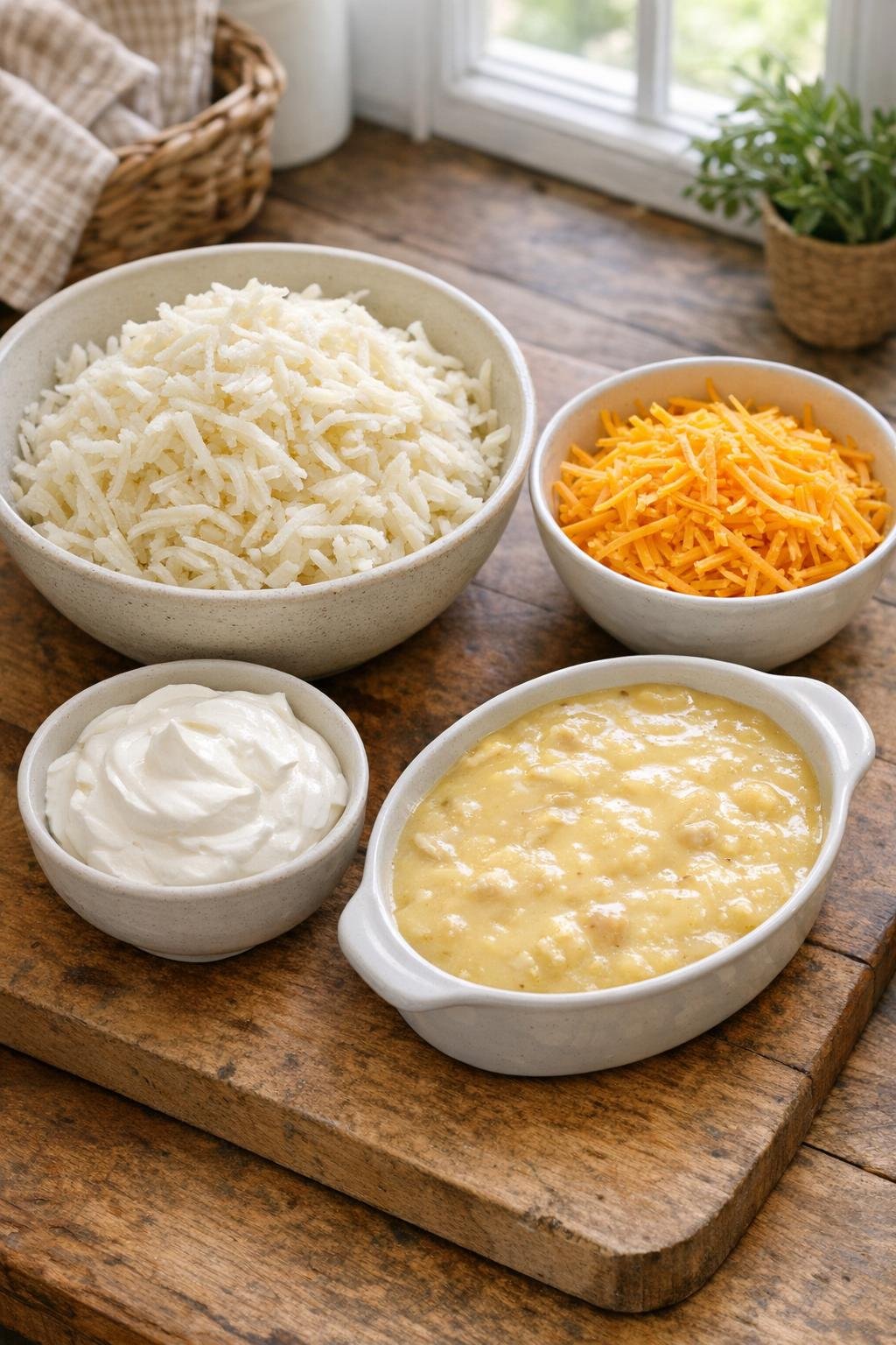 Main casserole ingredients on a kitchen counter