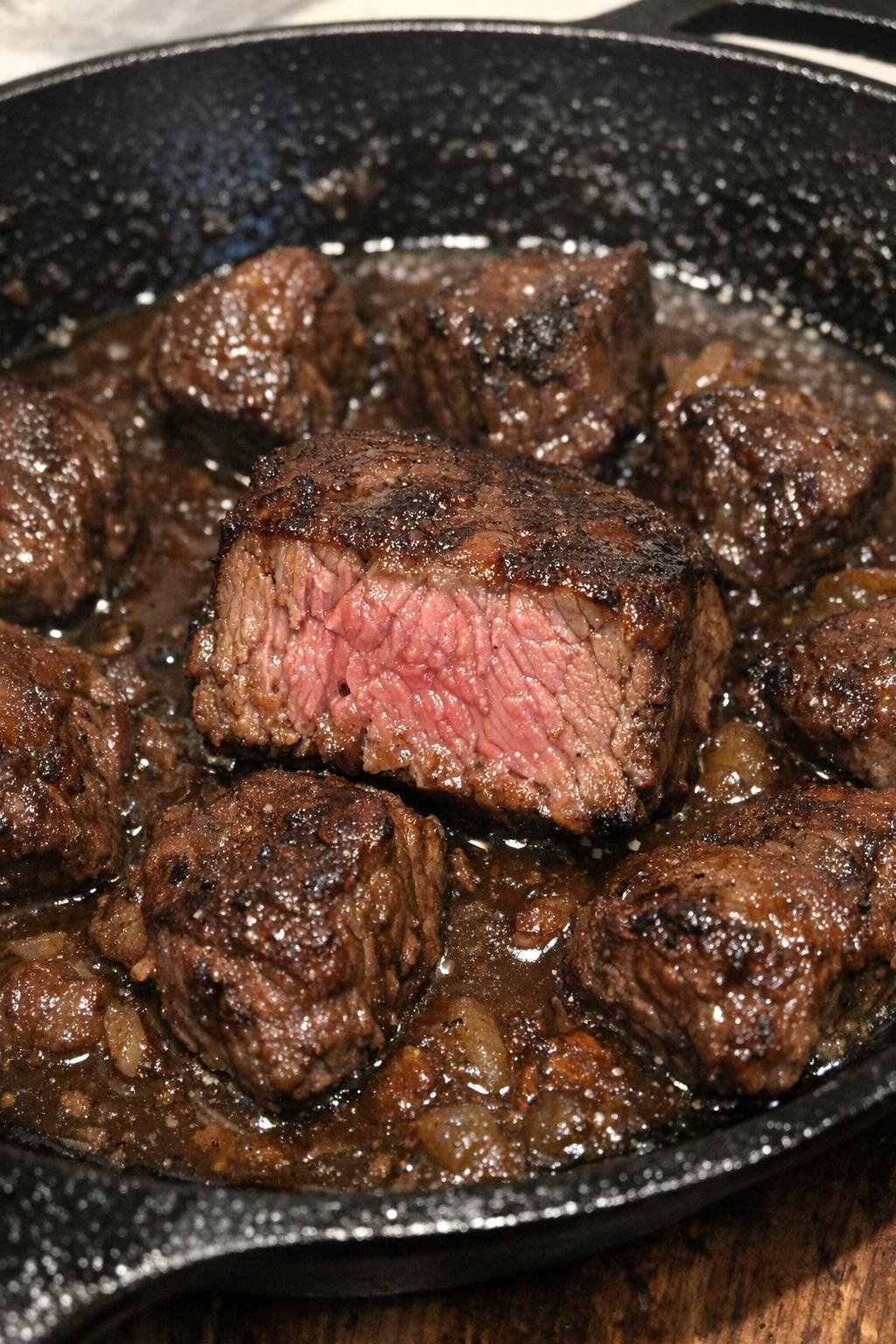 Beef tips in dark gravy in a cast iron skillet