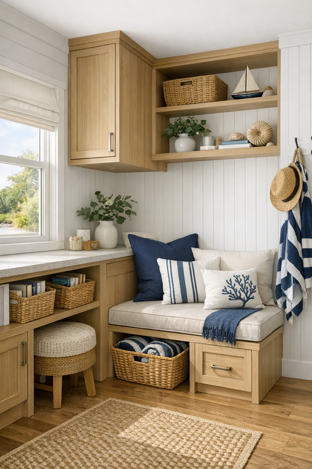 Thoughtful built-in storage and multifunctional nook in a coastal park model RV