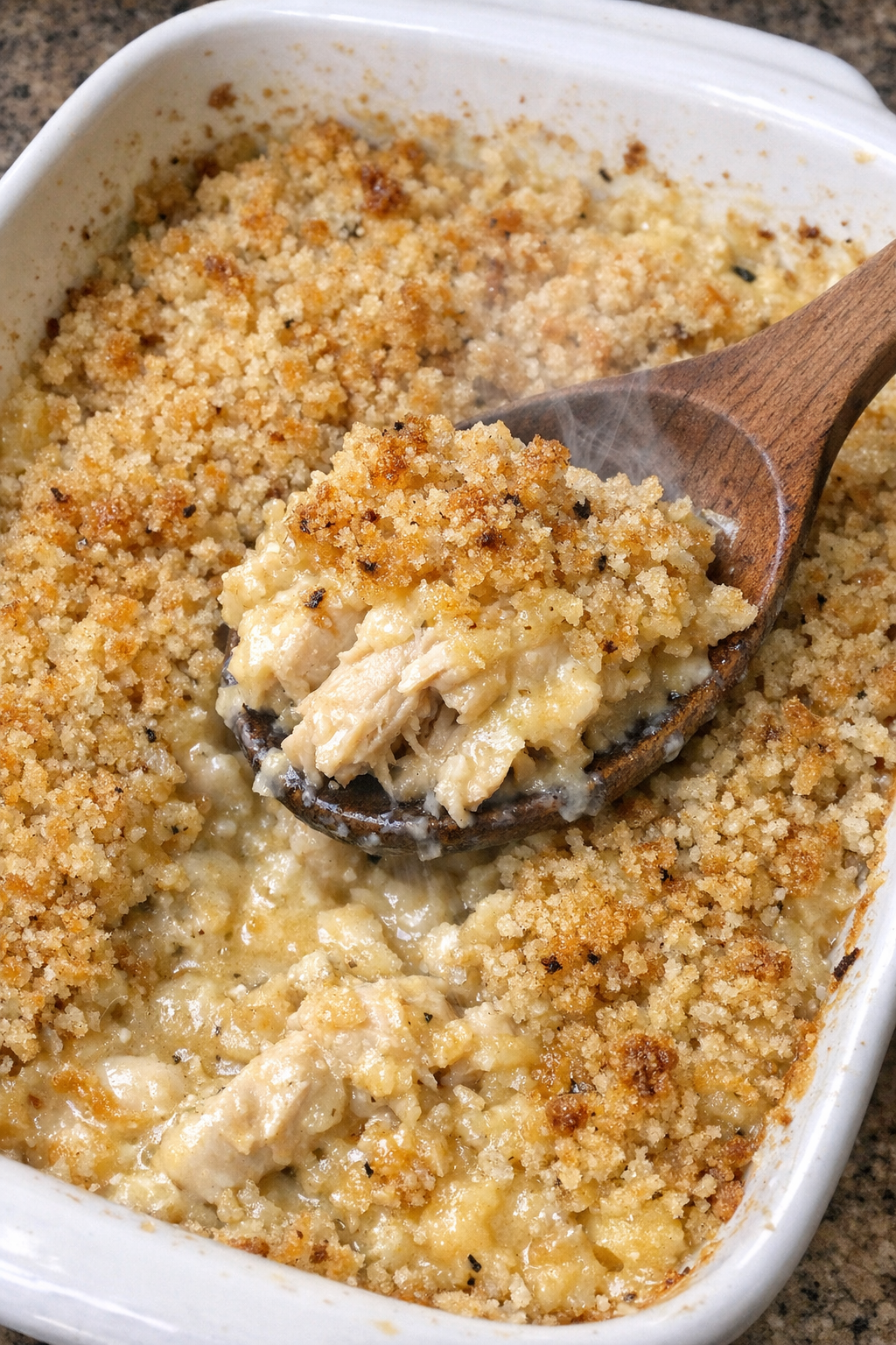Golden chicken casserole in a white baking dish
