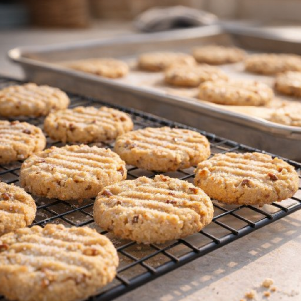 Freshly baked pecan shortbread cookies cooling on a wire rack