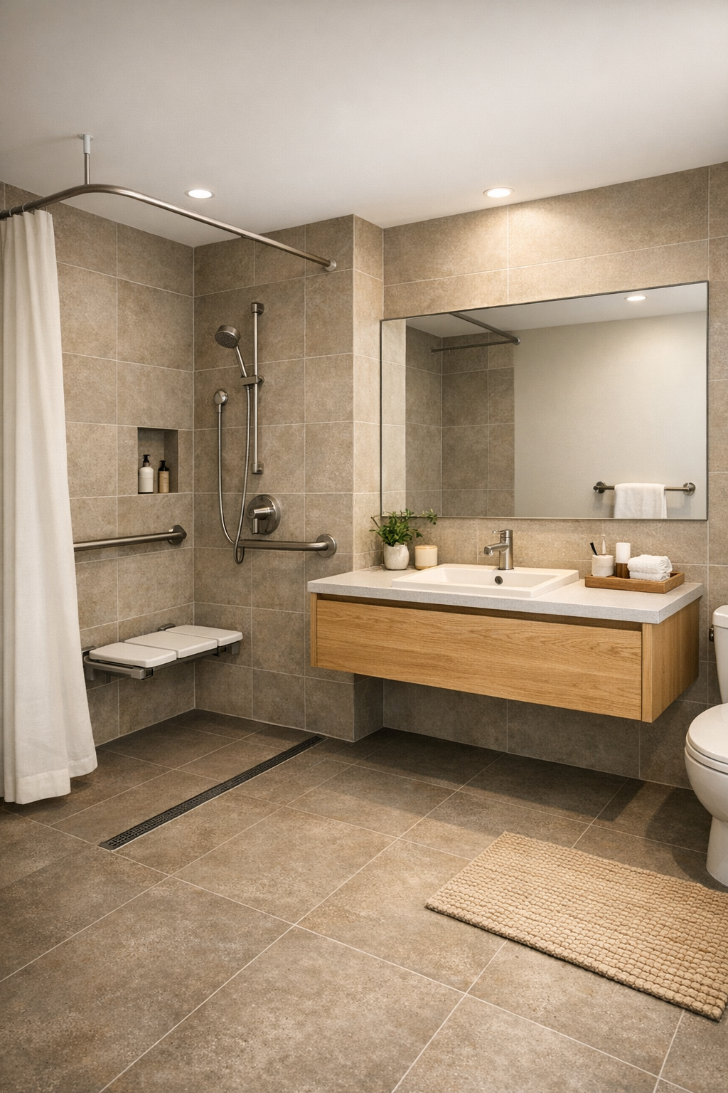 Accessible tiny home bathroom with curbless shower, floating oak vanity, and warm tile