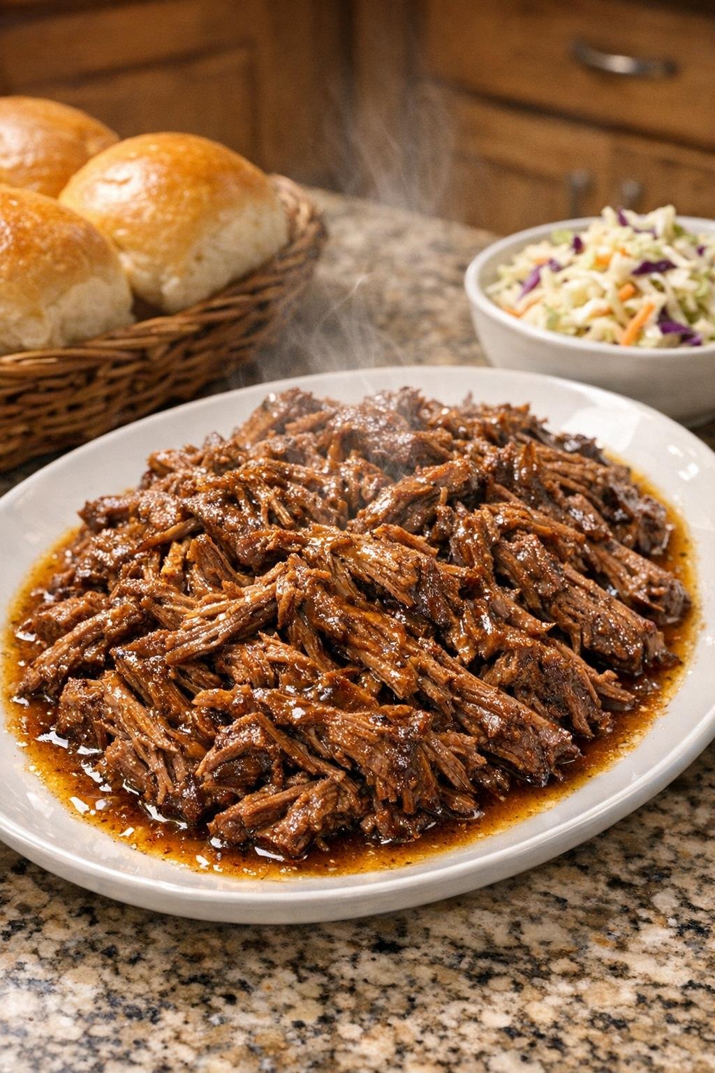 Finished shredded beef plated for serving