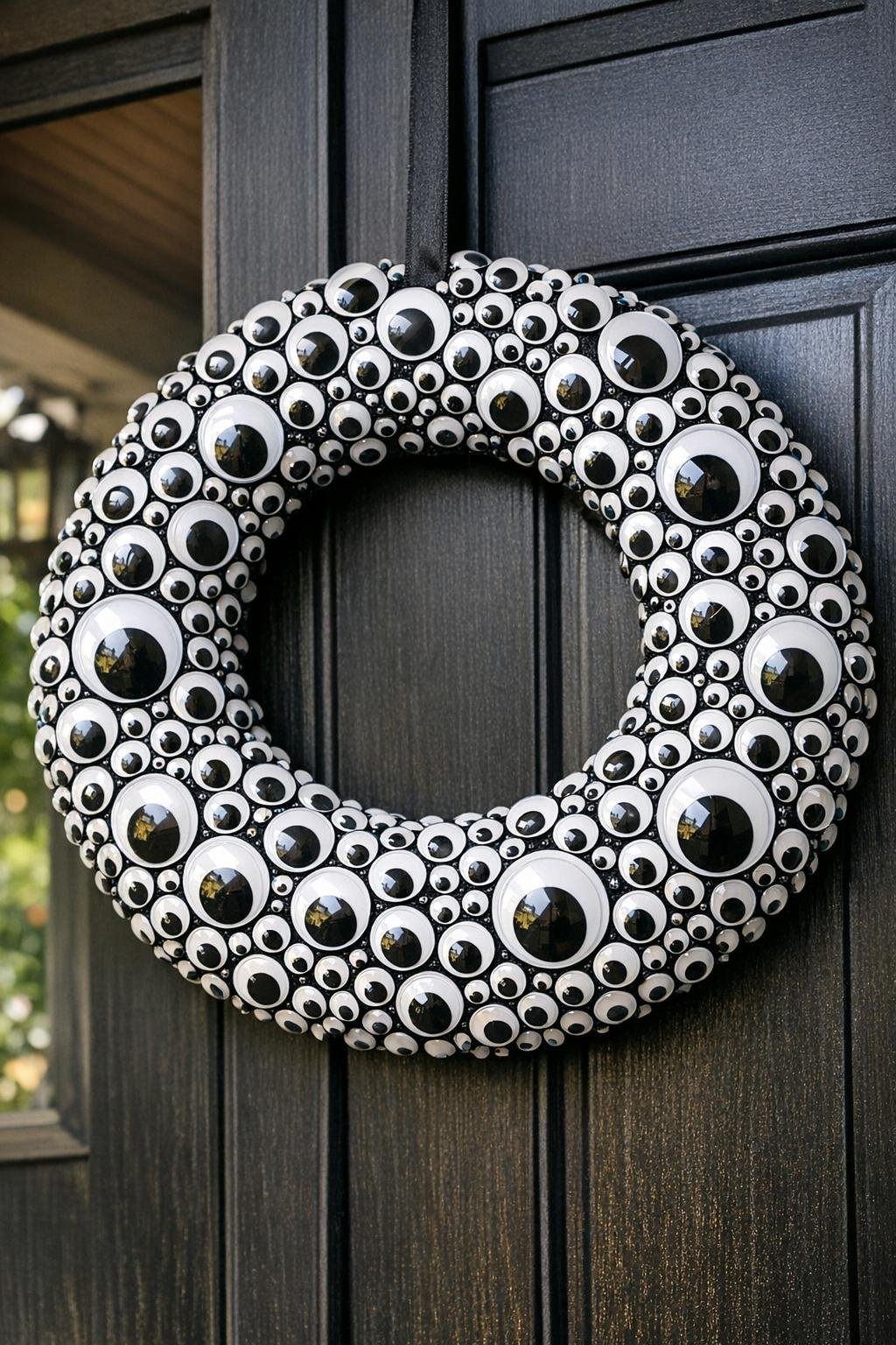Finished googly eye monster wreath hanging on a dark front door