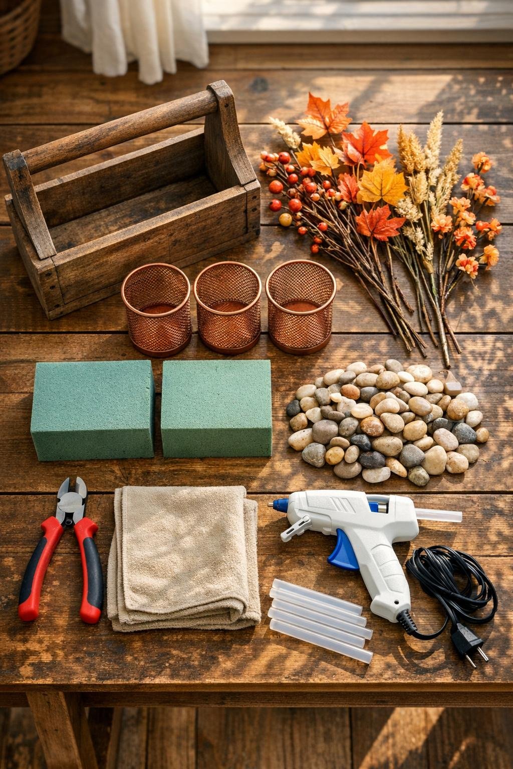 Materials for a rustic autumn vase display laid out on a table