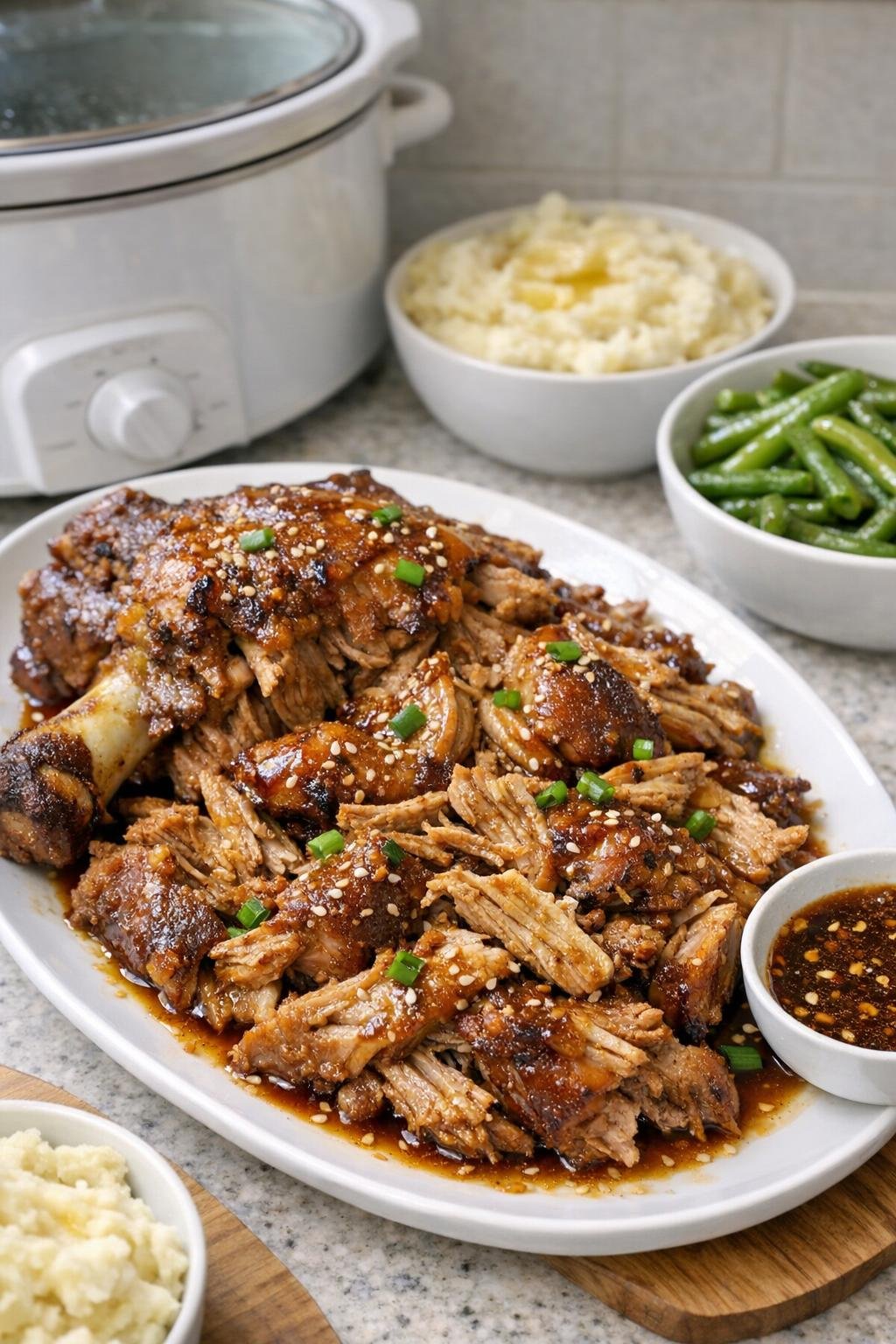 Finished honey garlic pork shoulder plated with sauce