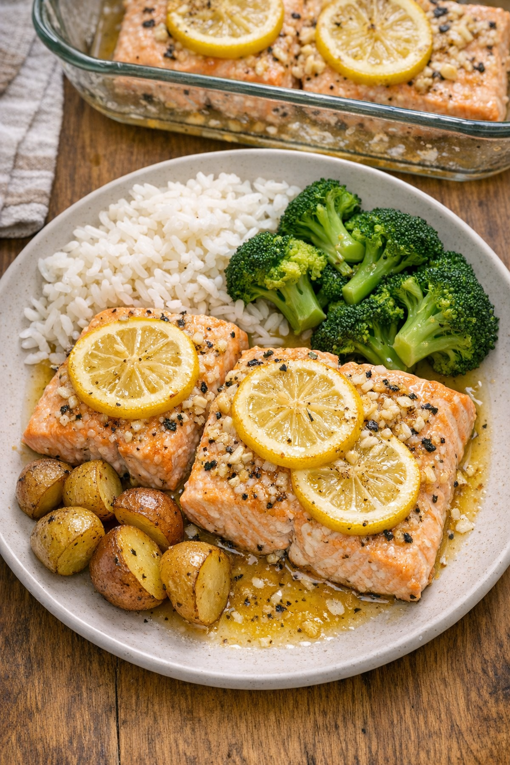 Baked king salmon fillets plated for dinner
