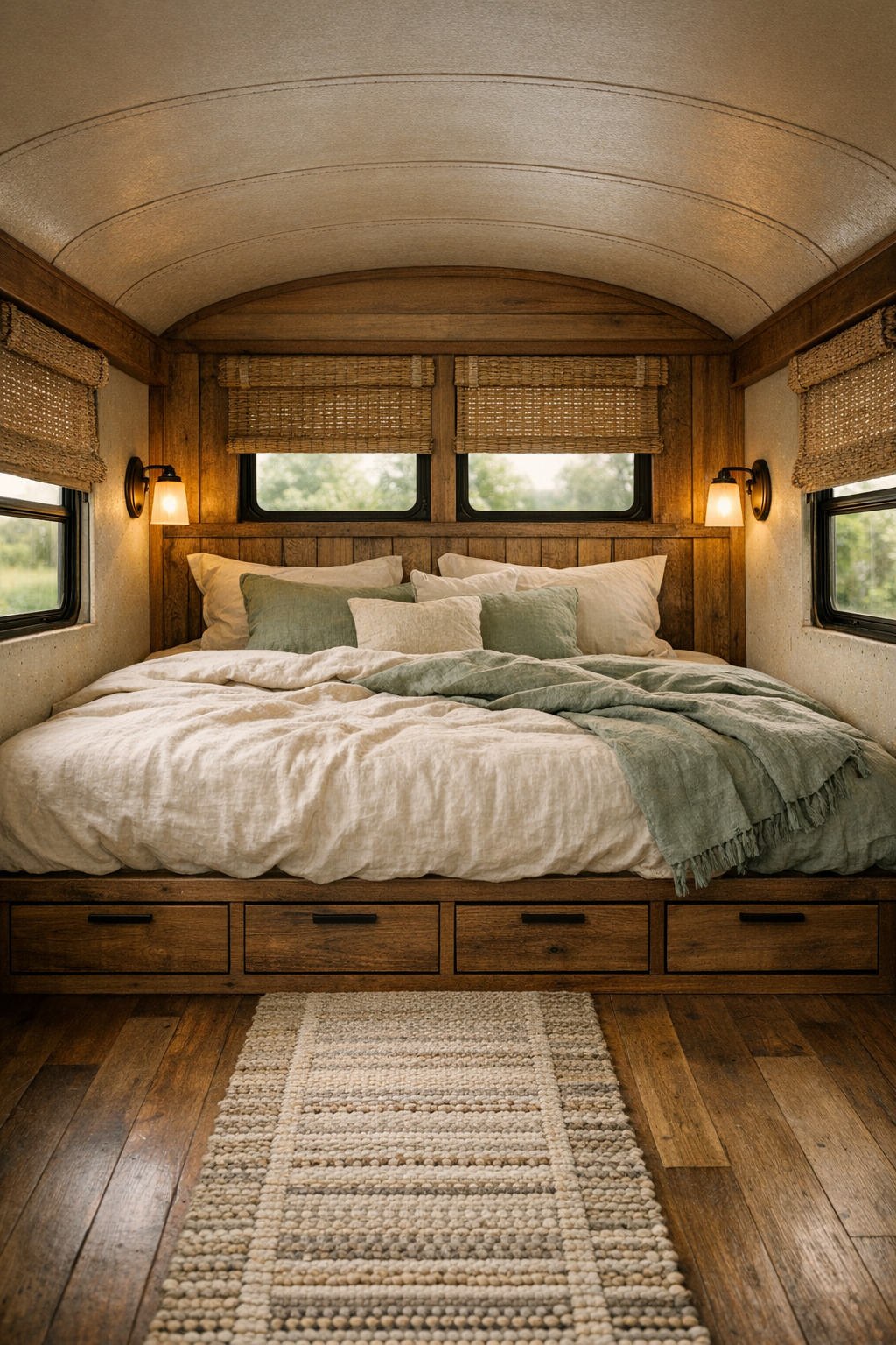 Serene bus bedroom with raised platform bed, linen bedding, and warm wood details