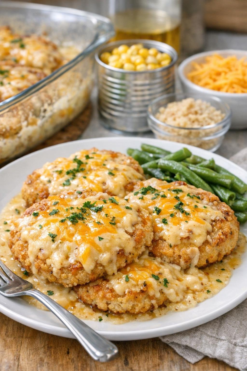 Finished baked chicken patties in casserole dish