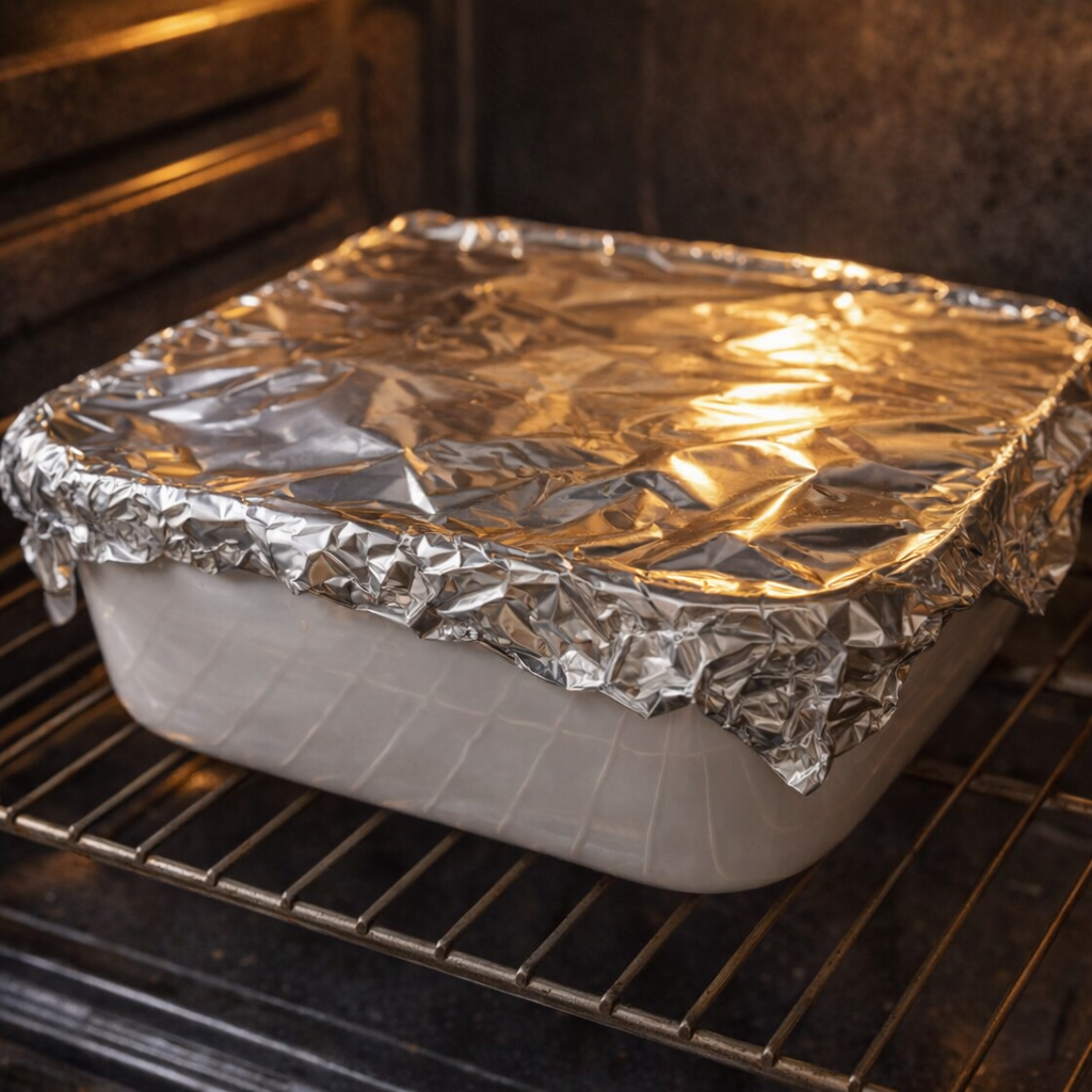 Foil-covered casserole ready to go into the oven