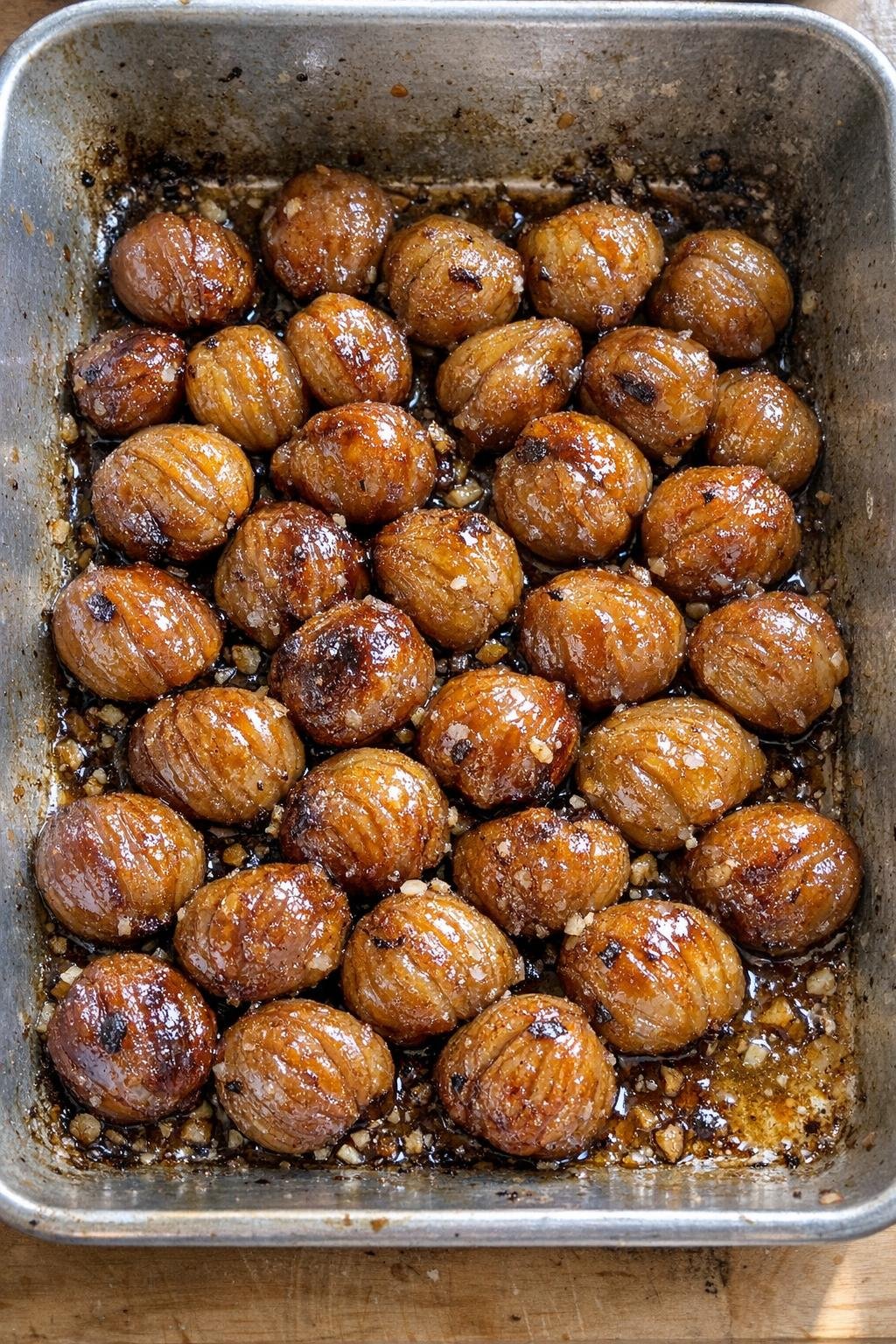 Finished baked chestnut dessert in a roasting pan