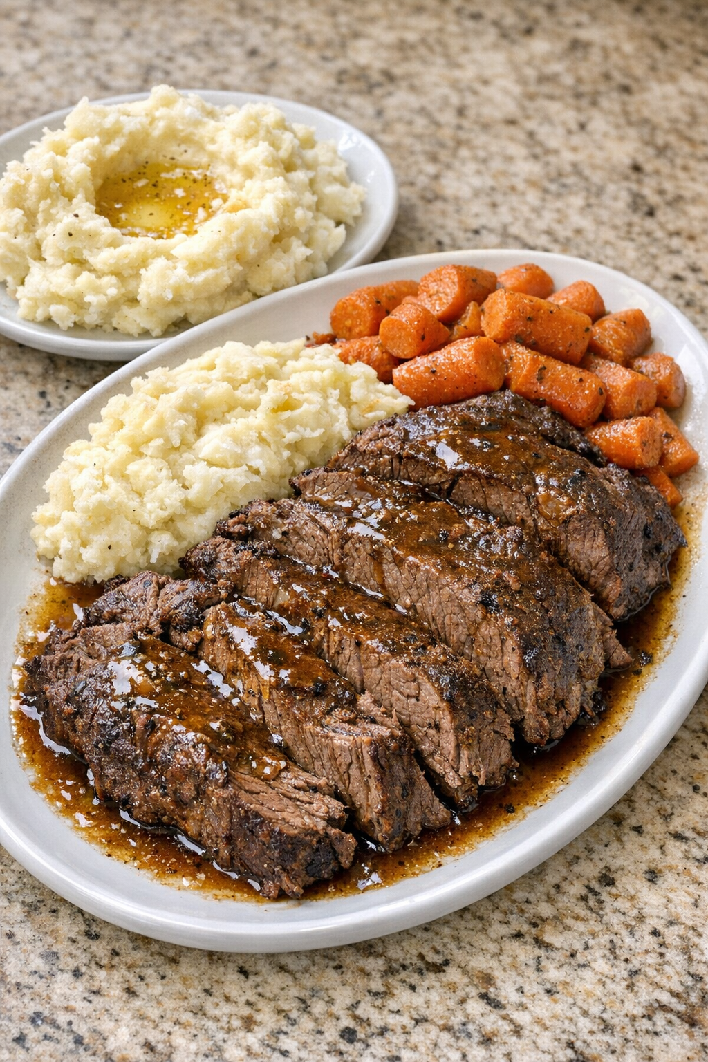 Finished Amish allspice beef roast plated with its juices