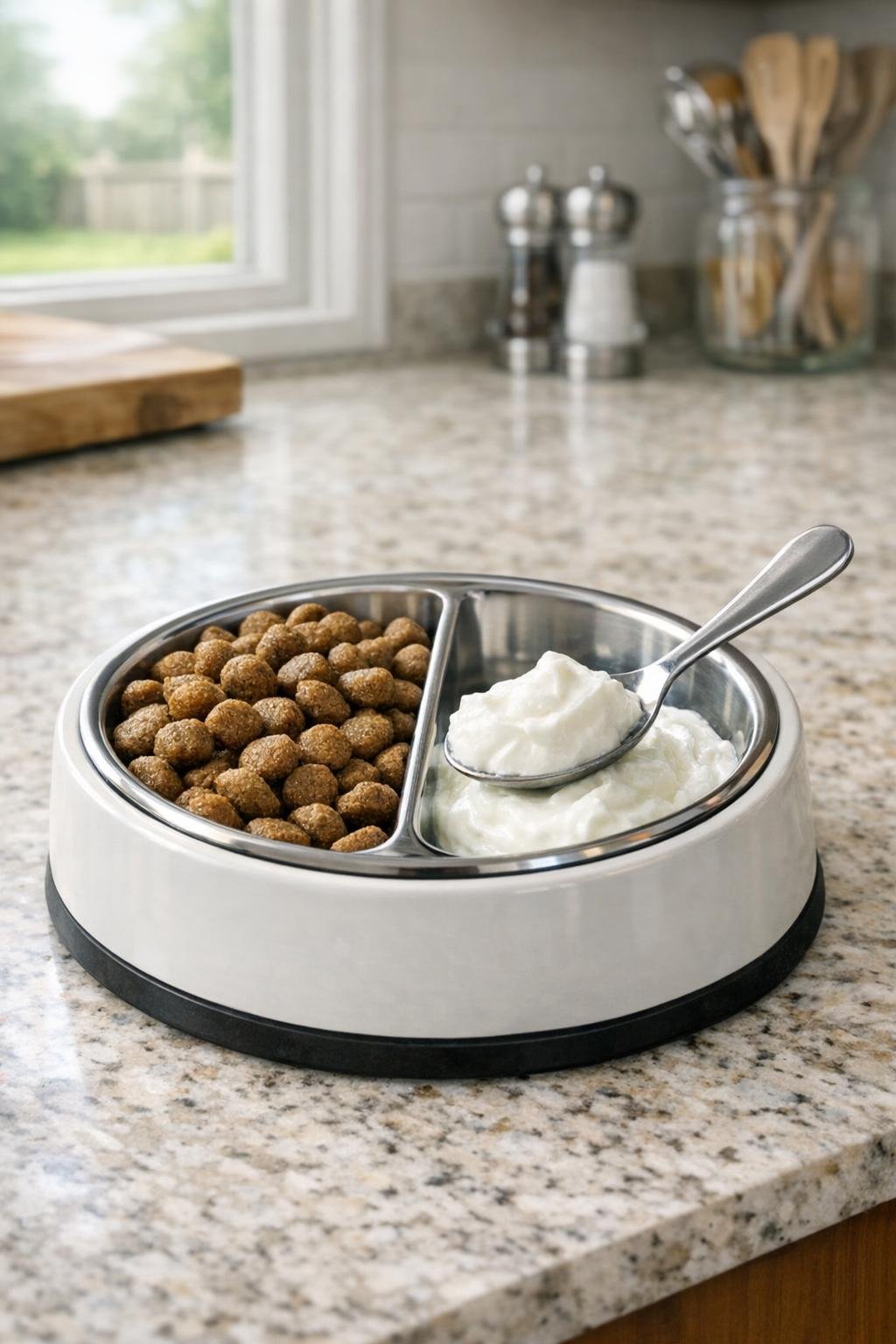 Plain Greek yogurt spooned into a dog dish