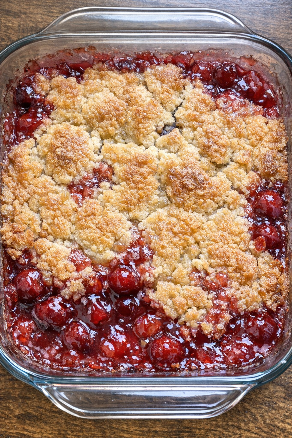 Cherry dump cake in a glass casserole dish