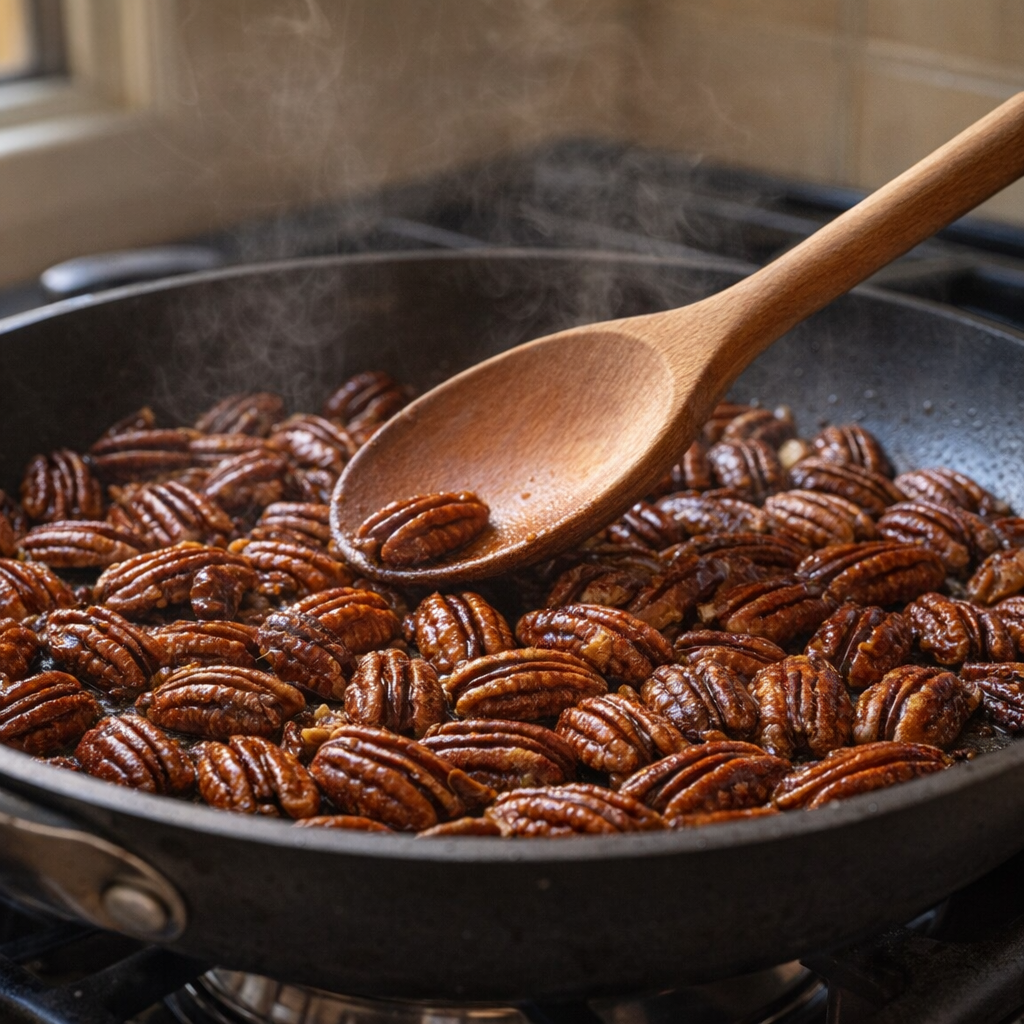 Pecans toasting in a skillet on the stovetop