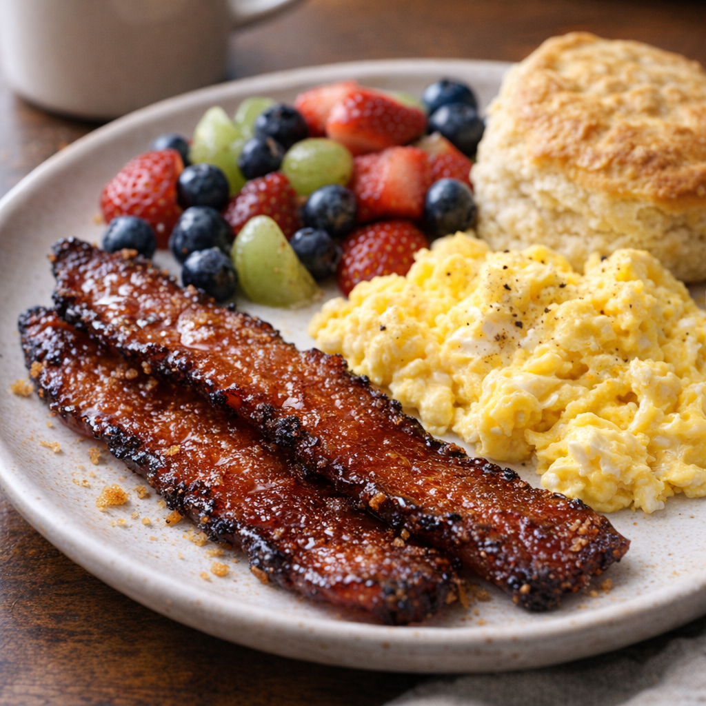 Brunch plate with candied bacon, eggs, and fruit