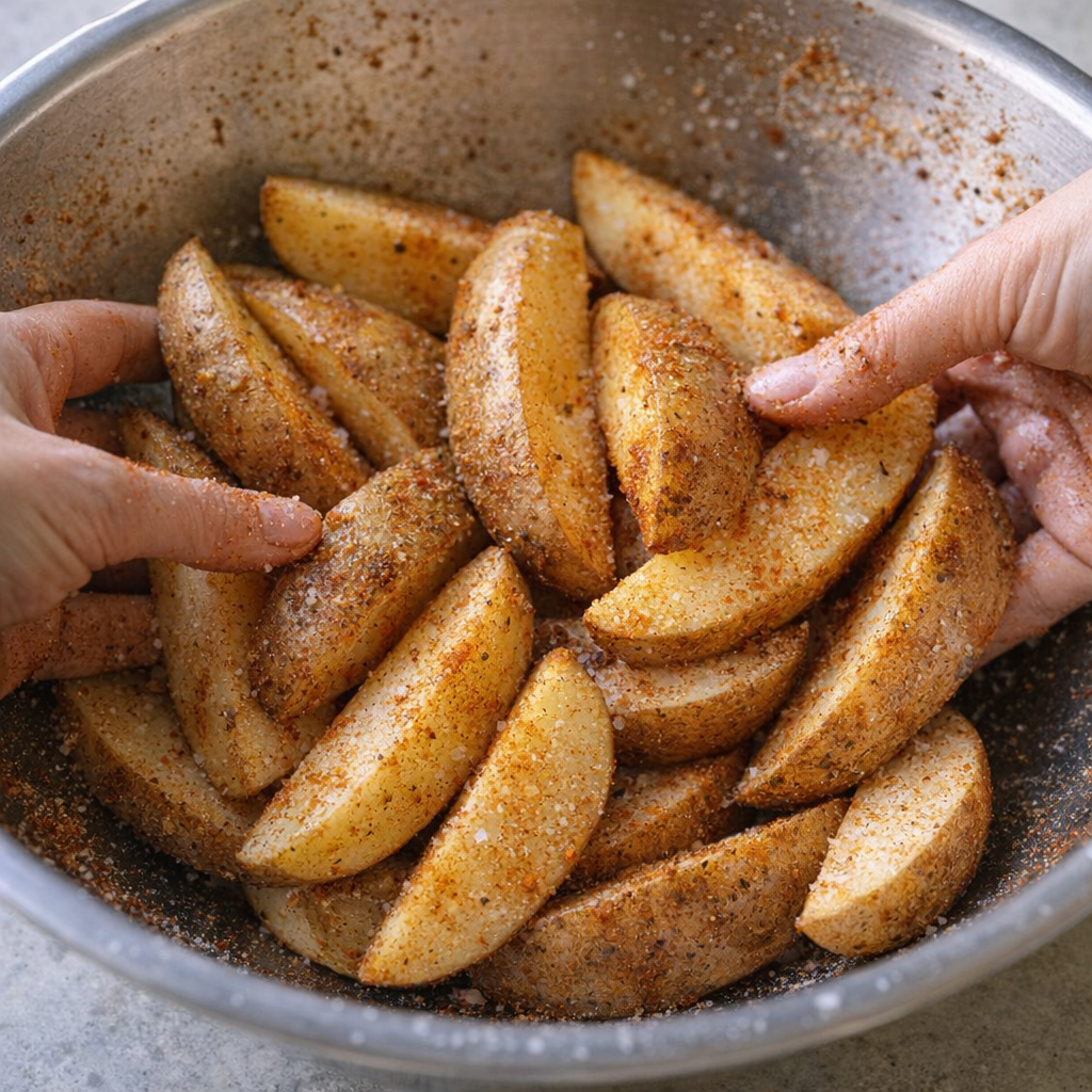 Seasoned potato wedges in a mixing bowl