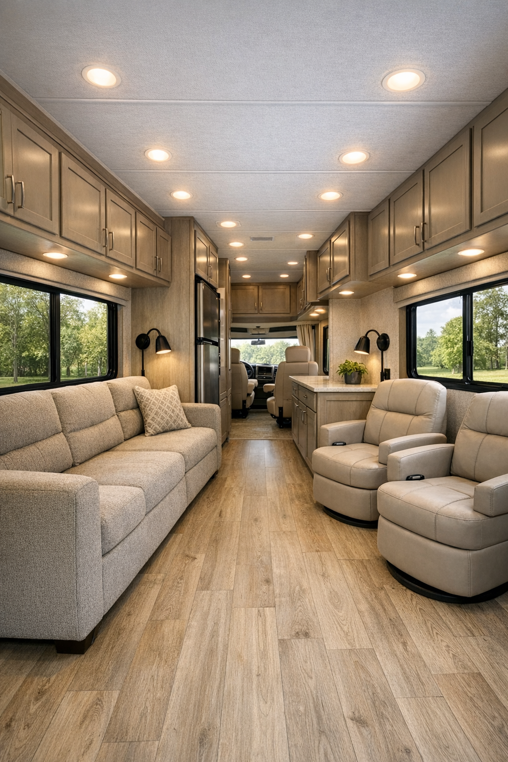 Accessible RV camper living room with oatmeal seating and light oak flooring