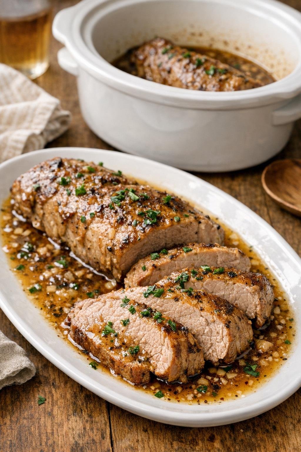 Finished slow cooker pork tenderloin plated with cooking juices