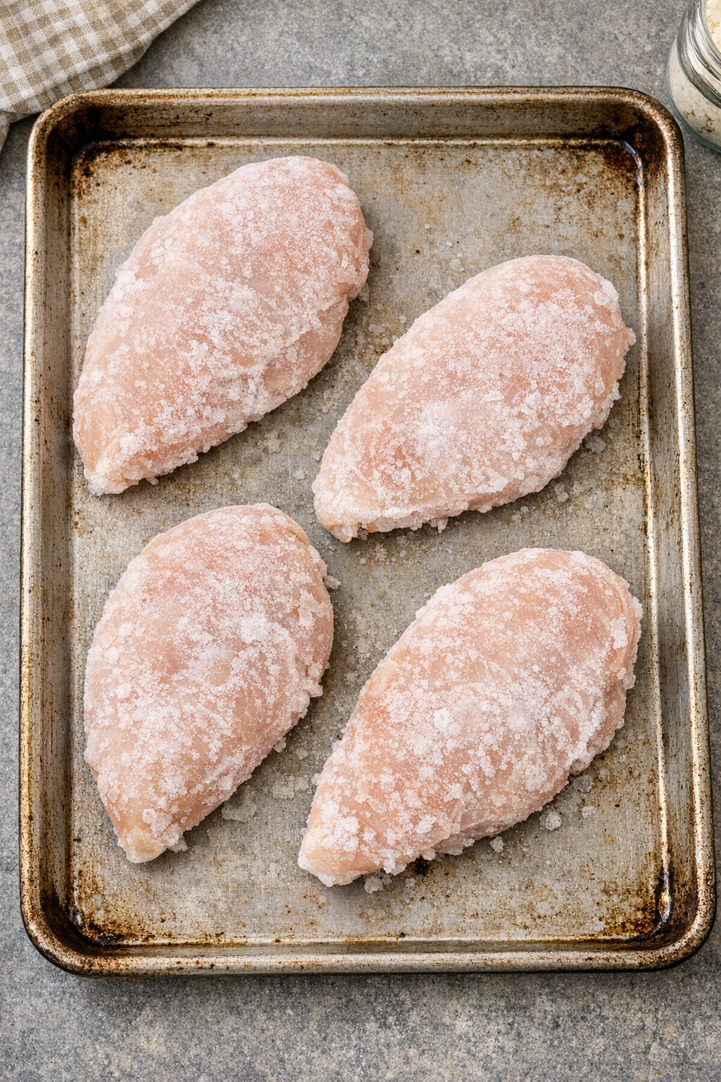 Frozen chicken breasts arranged on baking sheet