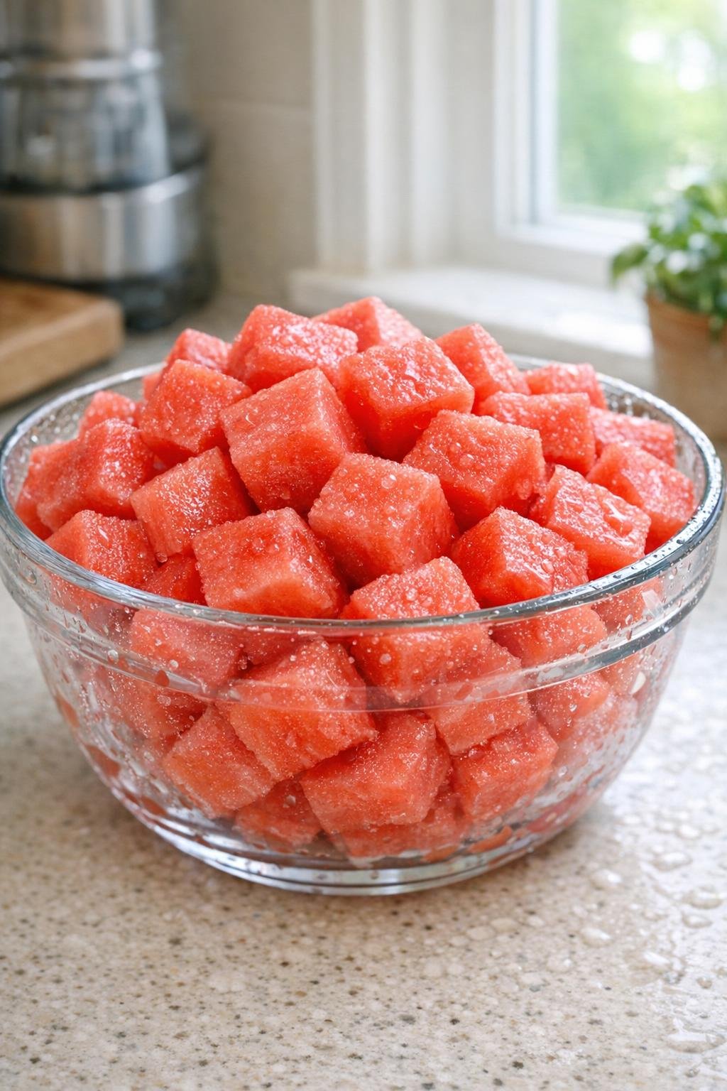 Seedless watermelon cubes in a chilled bowl on a countertop