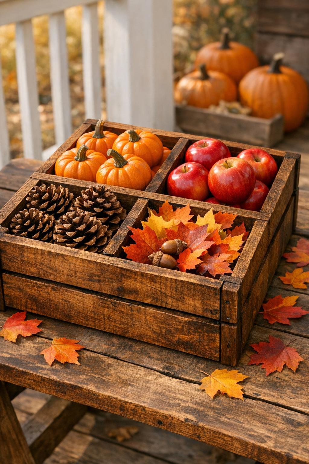 Finished four-compartment fall harvest crate made from old pallet wood