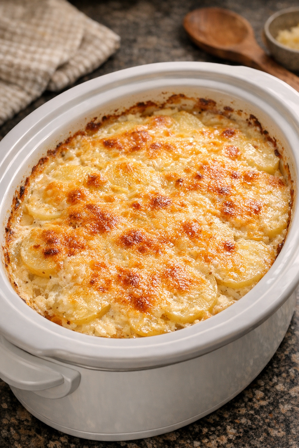 Finished creamy scalloped potatoes served from a white oval slow cooker