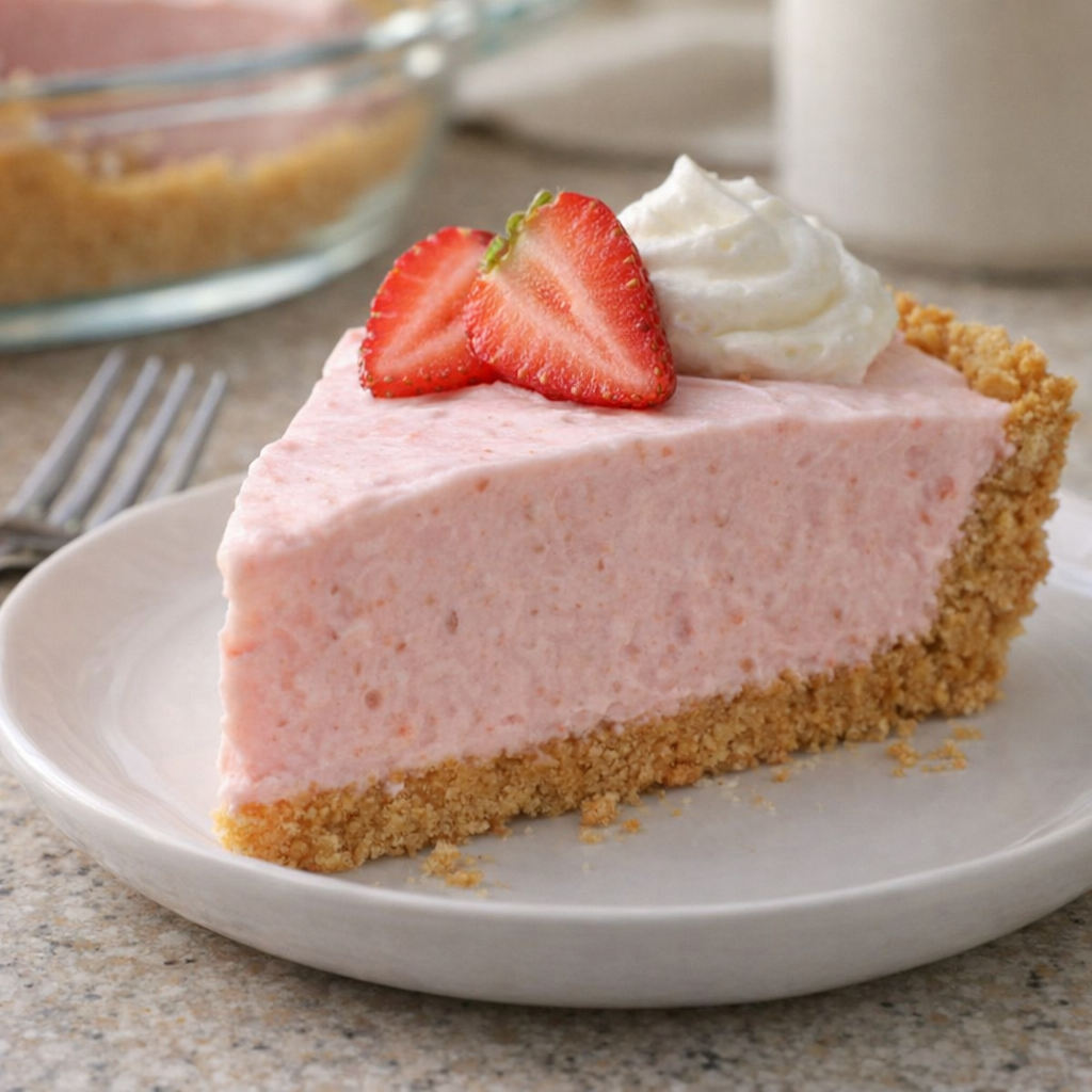 Slice of strawberry fluff pie on a dessert plate