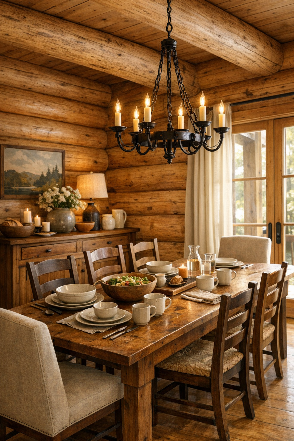 Rustic dining room with solid wood table and iron chandelier