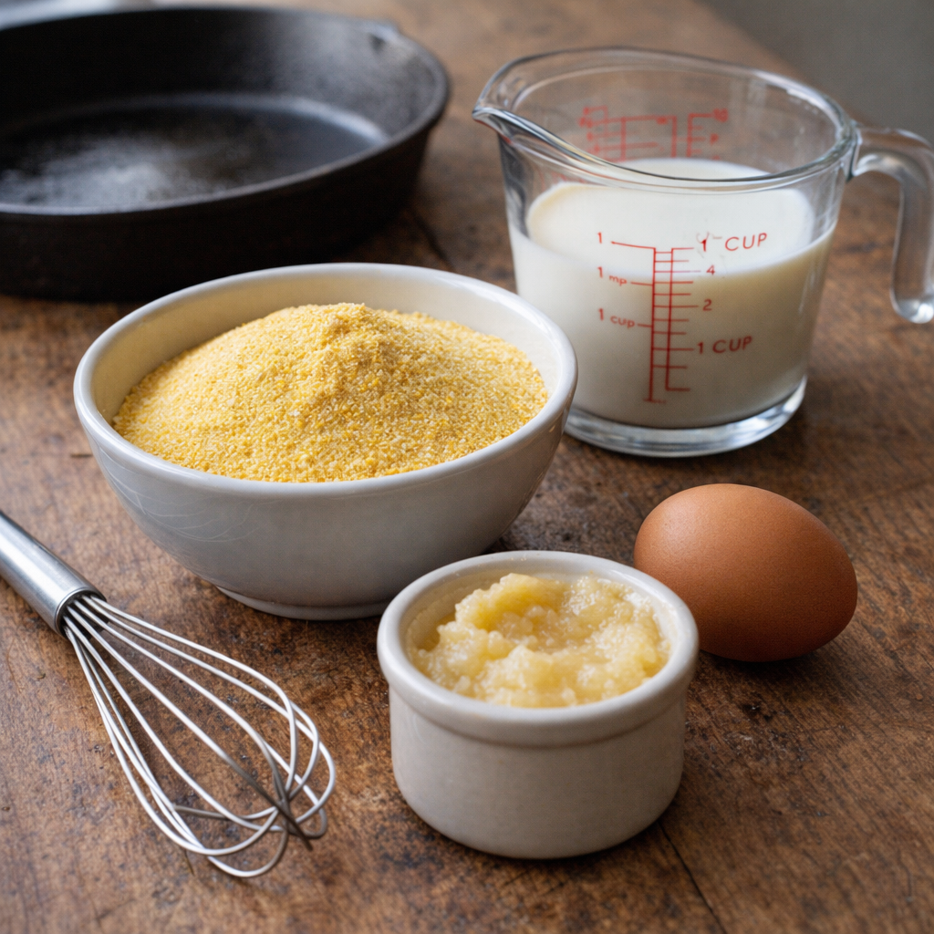 Simple hoecake ingredients arranged on a kitchen table