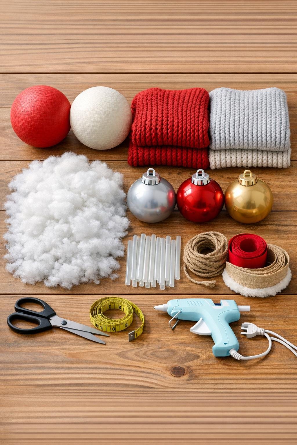 Materials for giant sweater porch ornaments laid out together