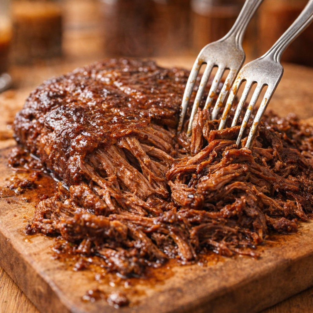 Cooked flat iron steak being shredded with forks