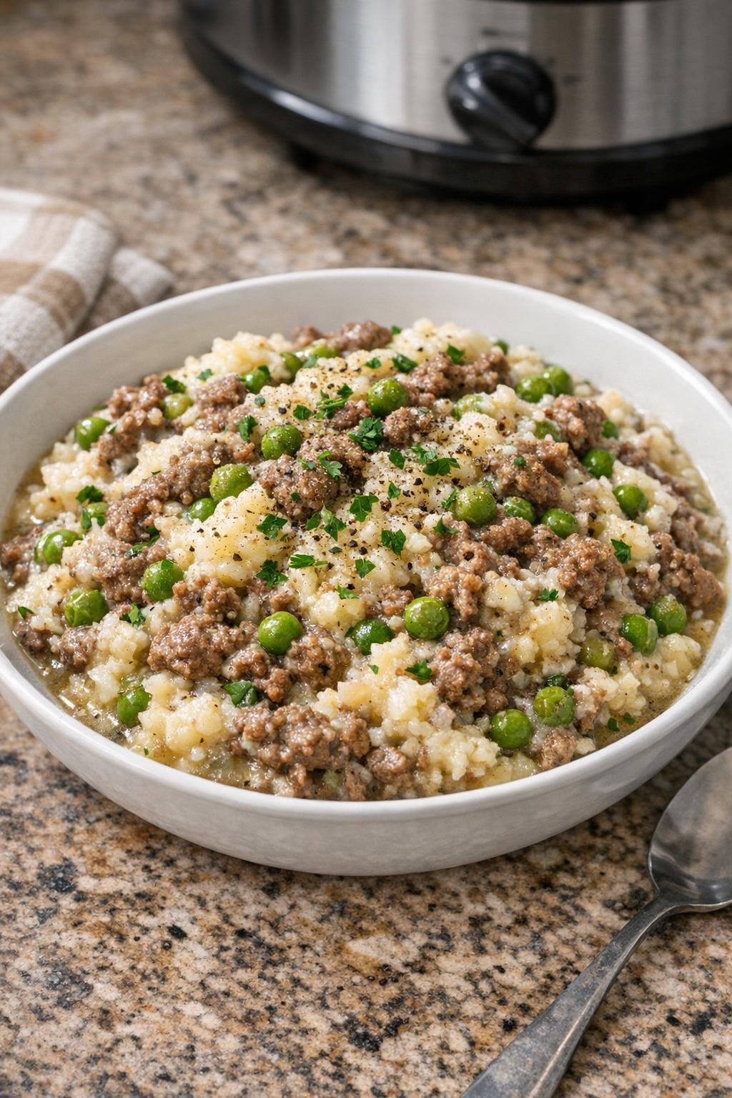 Finished beef and pea mash plated in a bowl