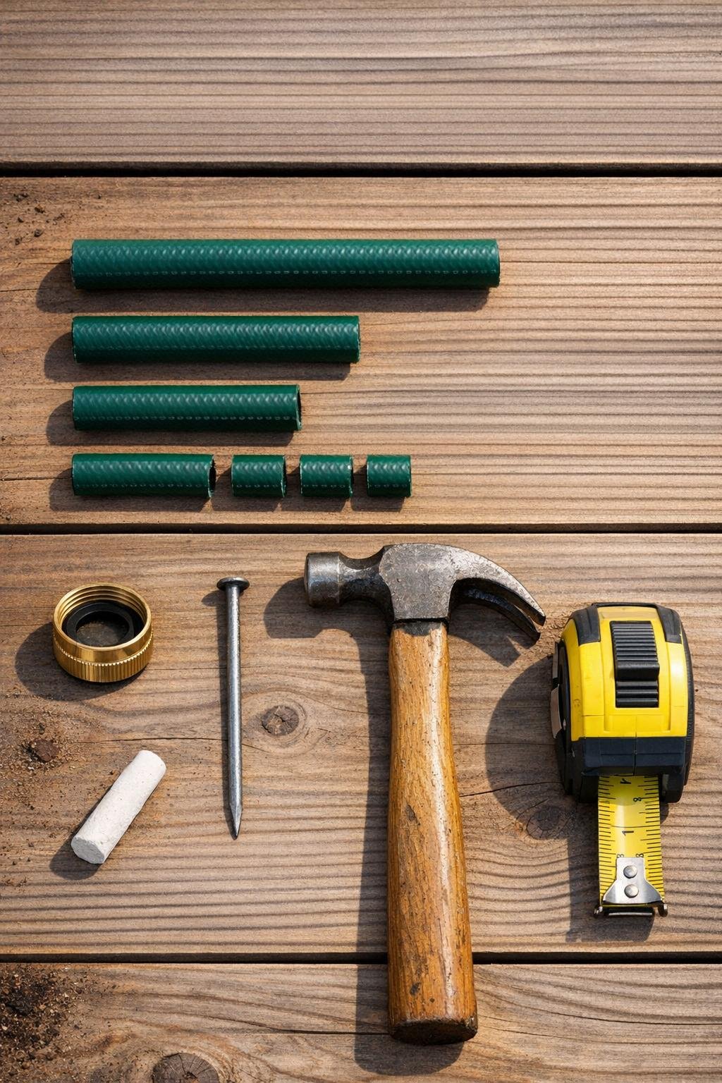 Garden hose offcuts and a hose-end cap laid out with basic tools on a potting bench