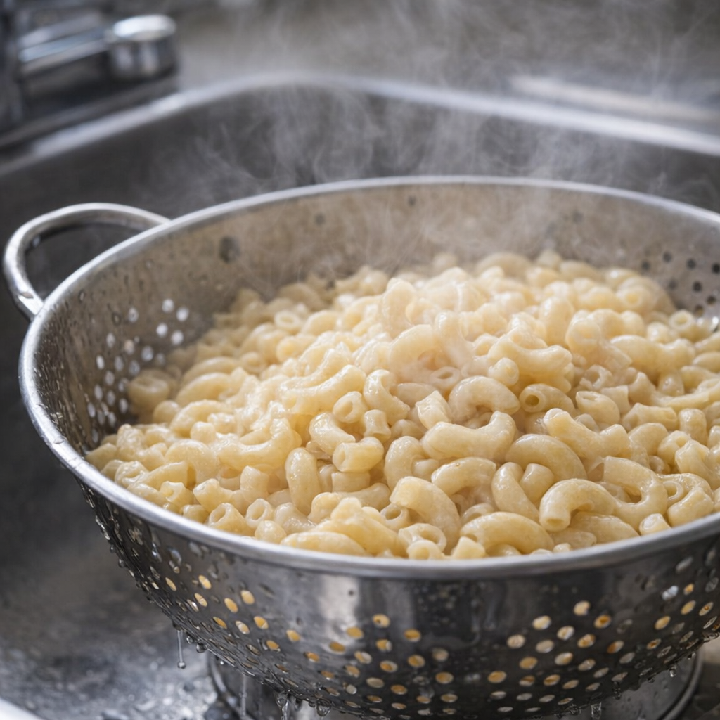 Elleboogmacaroni die uitlekt in een vergiet boven de gootsteen.